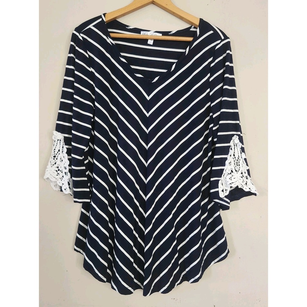 Stem & Vine Womens 1X 3/4 Sleeve  Chevron Crochet Accent Knit Top Tunic Shirt